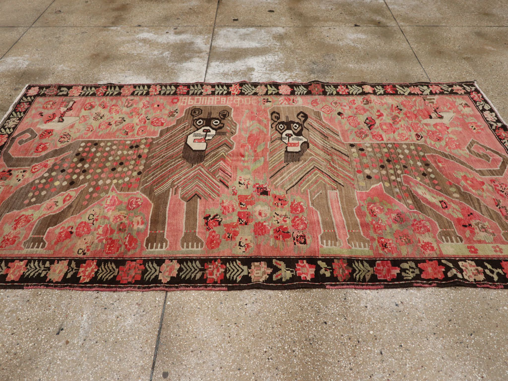 Vintage Caucasian Karabagh Pictorial Accent Rug, No.33421 - Staging