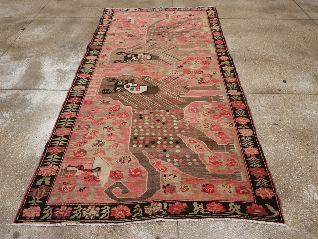 Vintage Caucasian Karabagh Pictorial Accent Rug, No.33421 - Staging