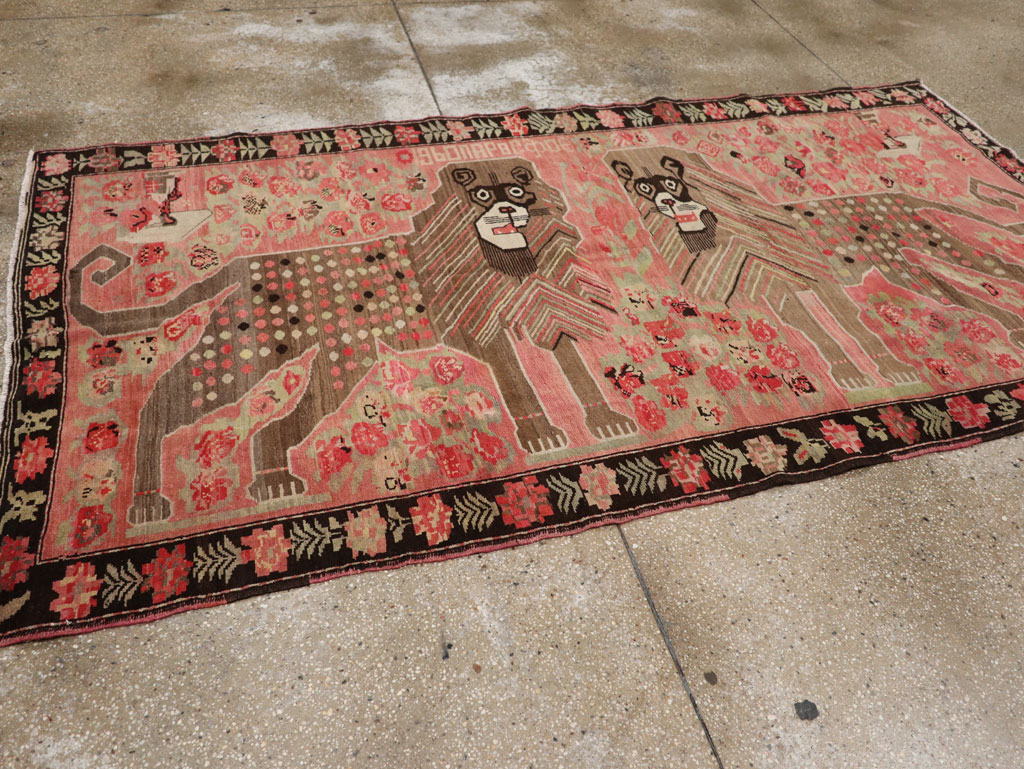 Vintage Caucasian Karabagh Pictorial Accent Rug, No.33421 - Staging