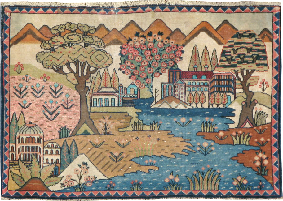 Antique Persian Kashan Pictorial Rug, No.8103 - Staging