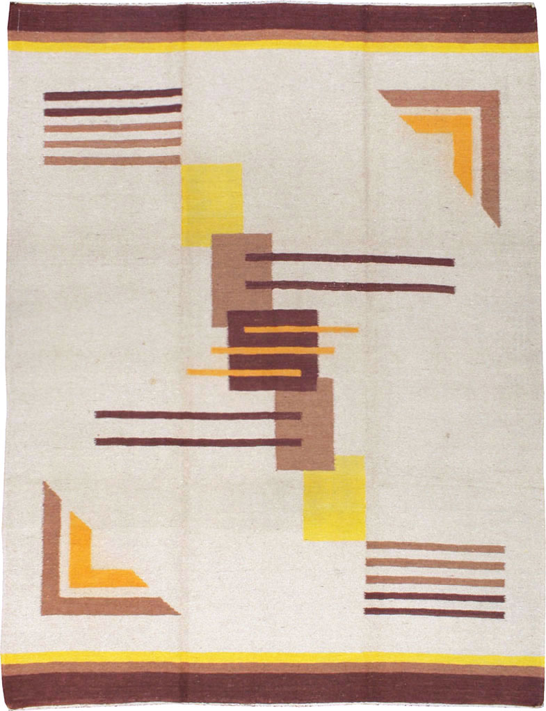 Vintage Indian Flatweave Room Size Rug Inspired By Edward McKnight Kauffer, No.8779 - Staging