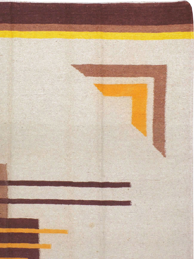 Vintage Indian Flatweave Room Size Rug Inspired By Edward McKnight Kauffer, No.8779 - Staging