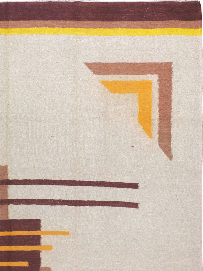 Vintage Indian Flatweave Room Size Rug Inspired By Edward McKnight Kauffer, No.8779 - Staging