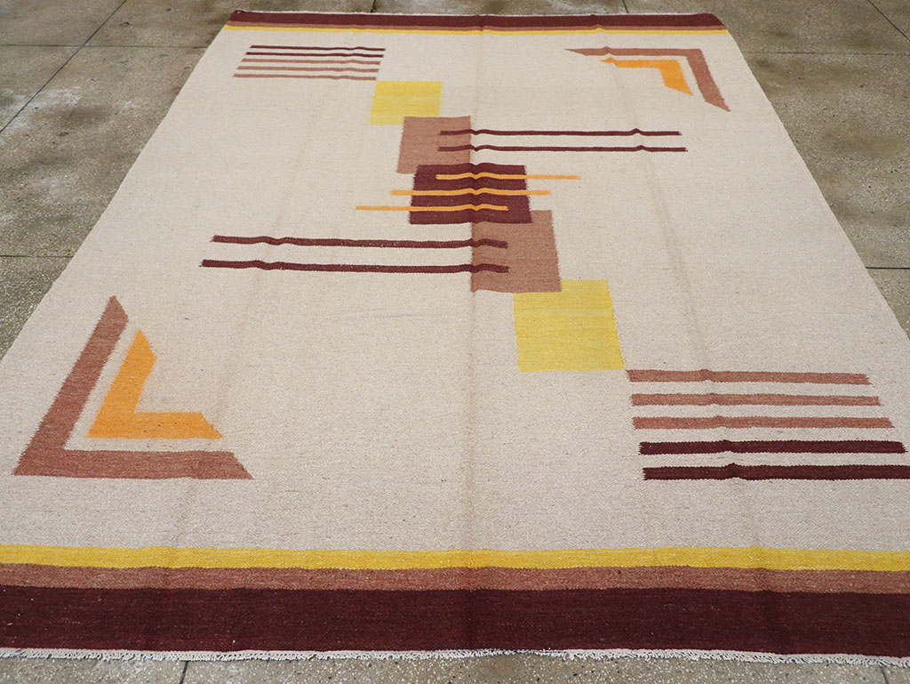 Vintage Indian Flatweave Room Size Rug Inspired By Edward McKnight Kauffer, No.8779 - Staging