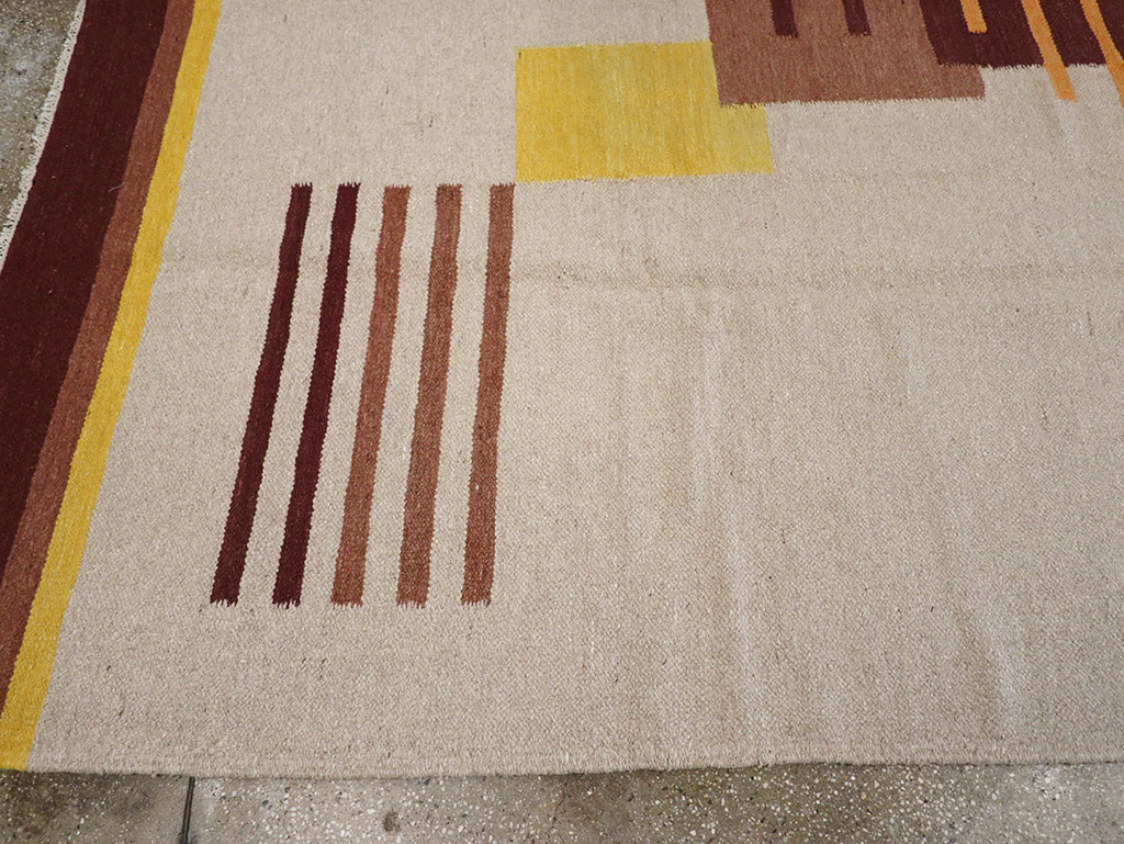 Vintage Indian Flatweave Room Size Rug Inspired By Edward McKnight Kauffer, No.8779 - Staging