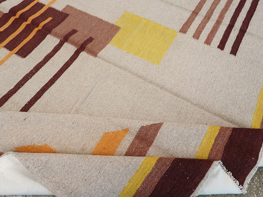 Vintage Indian Flatweave Room Size Rug Inspired By Edward McKnight Kauffer, No.8779 - Staging