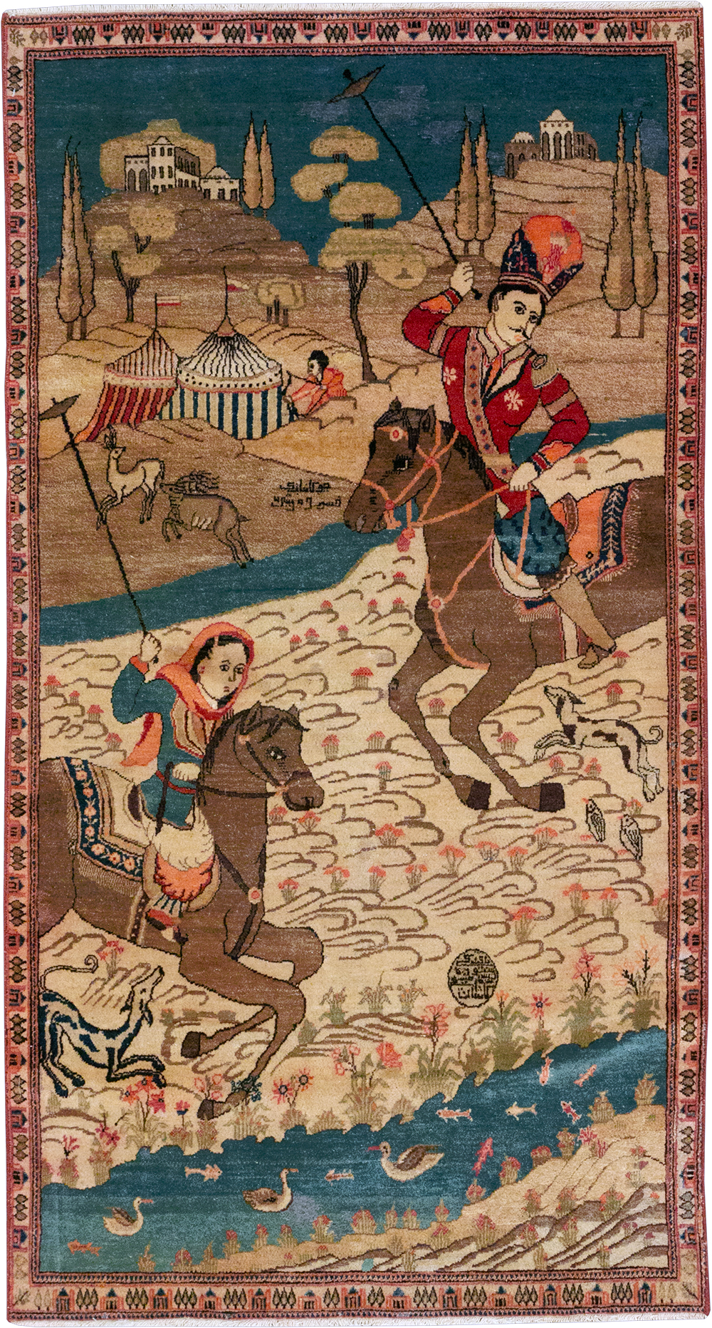 Vintage Persian Kashan Pictorial Throw Rug, No.9083 - Staging