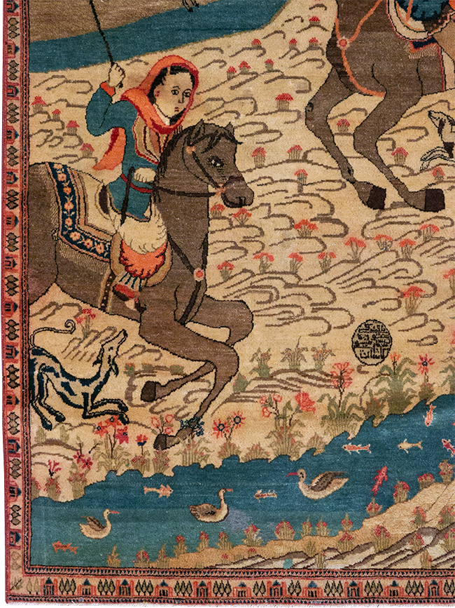 Vintage Persian Kashan Pictorial Throw Rug, No.9083 - Staging