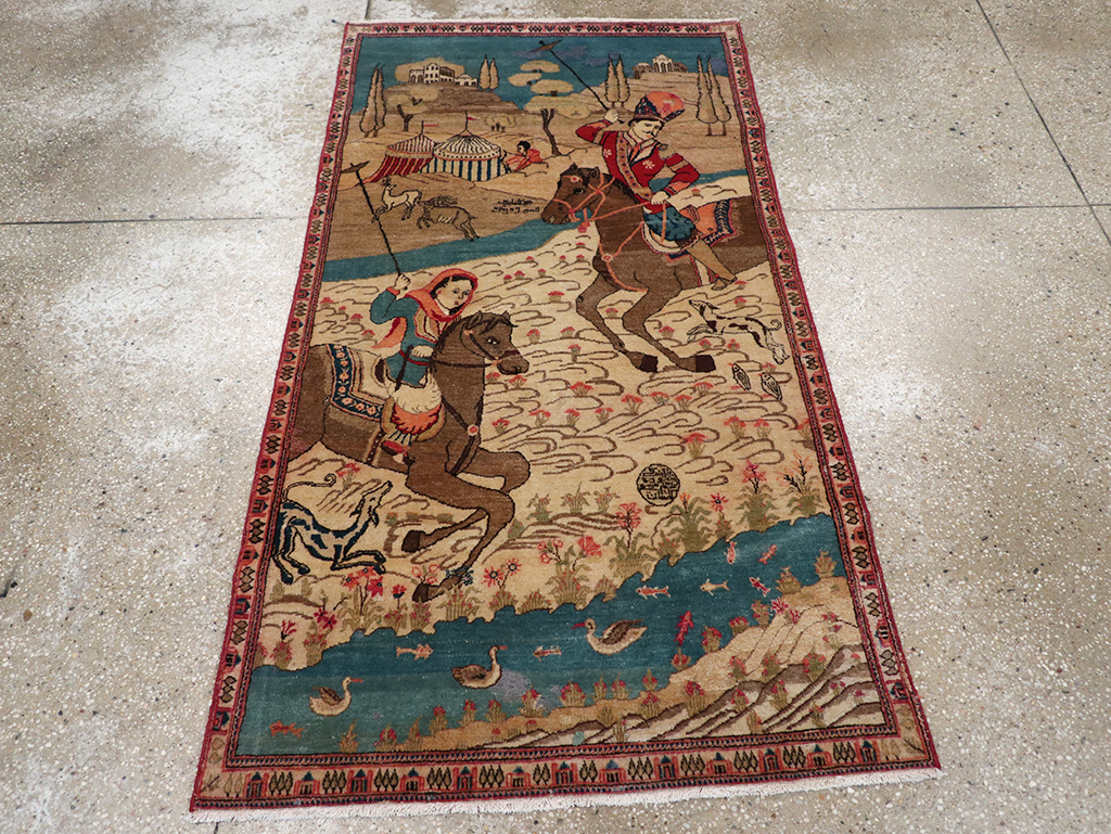 Vintage Persian Kashan Pictorial Throw Rug, No.9083 - Staging