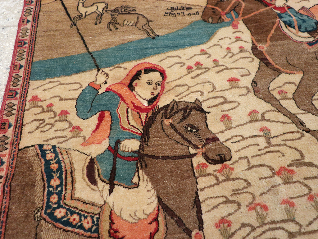 Vintage Persian Kashan Pictorial Throw Rug, No.9083 - Staging