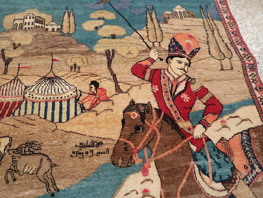 Vintage Persian Kashan Pictorial Throw Rug, No.9083 - Staging