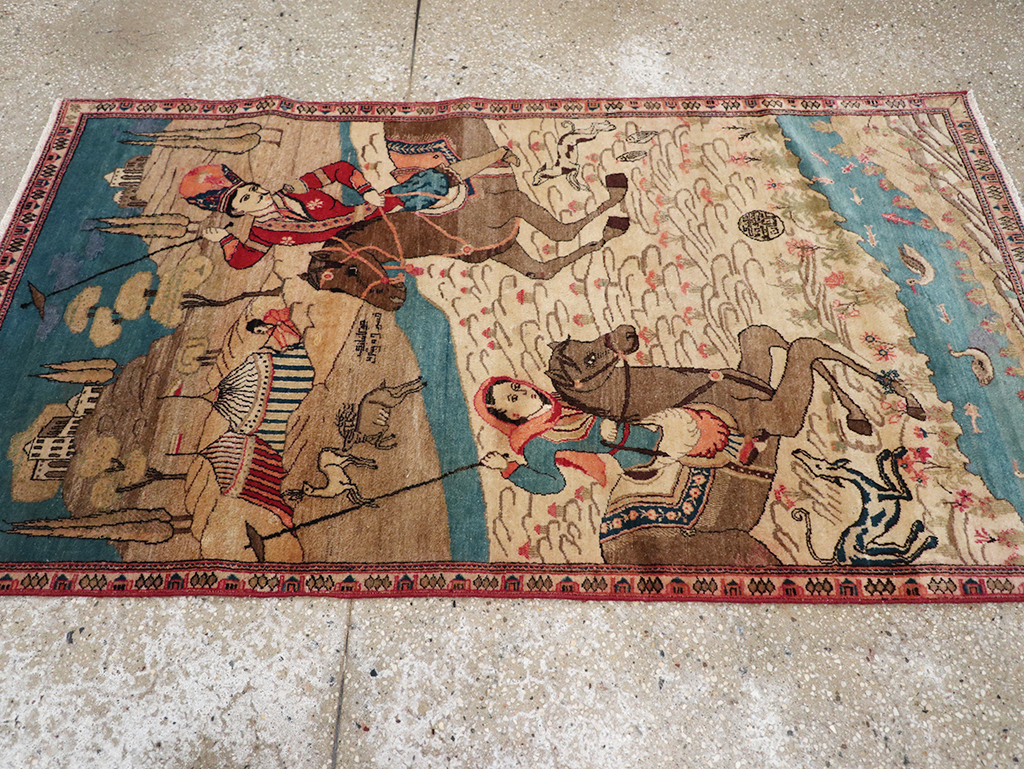 Vintage Persian Kashan Pictorial Throw Rug, No.9083 - Staging