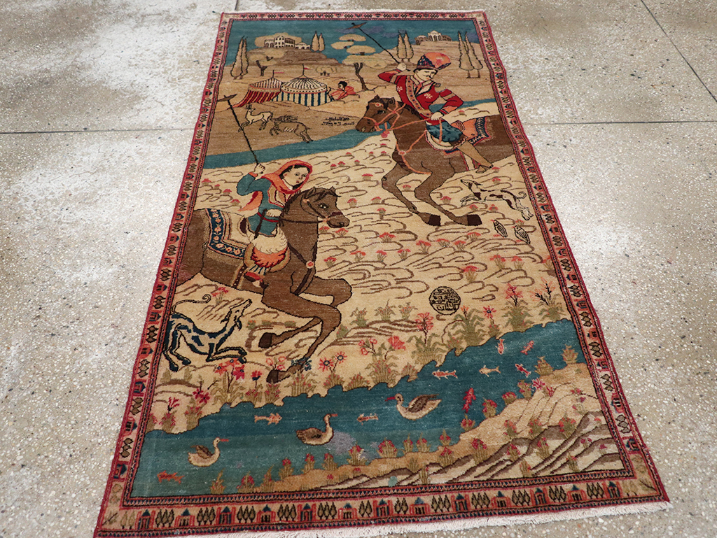 Vintage Persian Kashan Pictorial Throw Rug, No.9083 - Staging