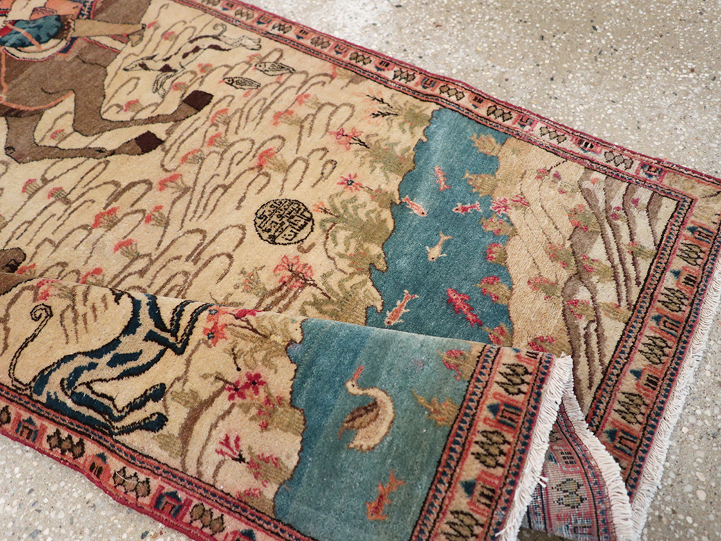 Vintage Persian Kashan Pictorial Throw Rug, No.9083 - Staging