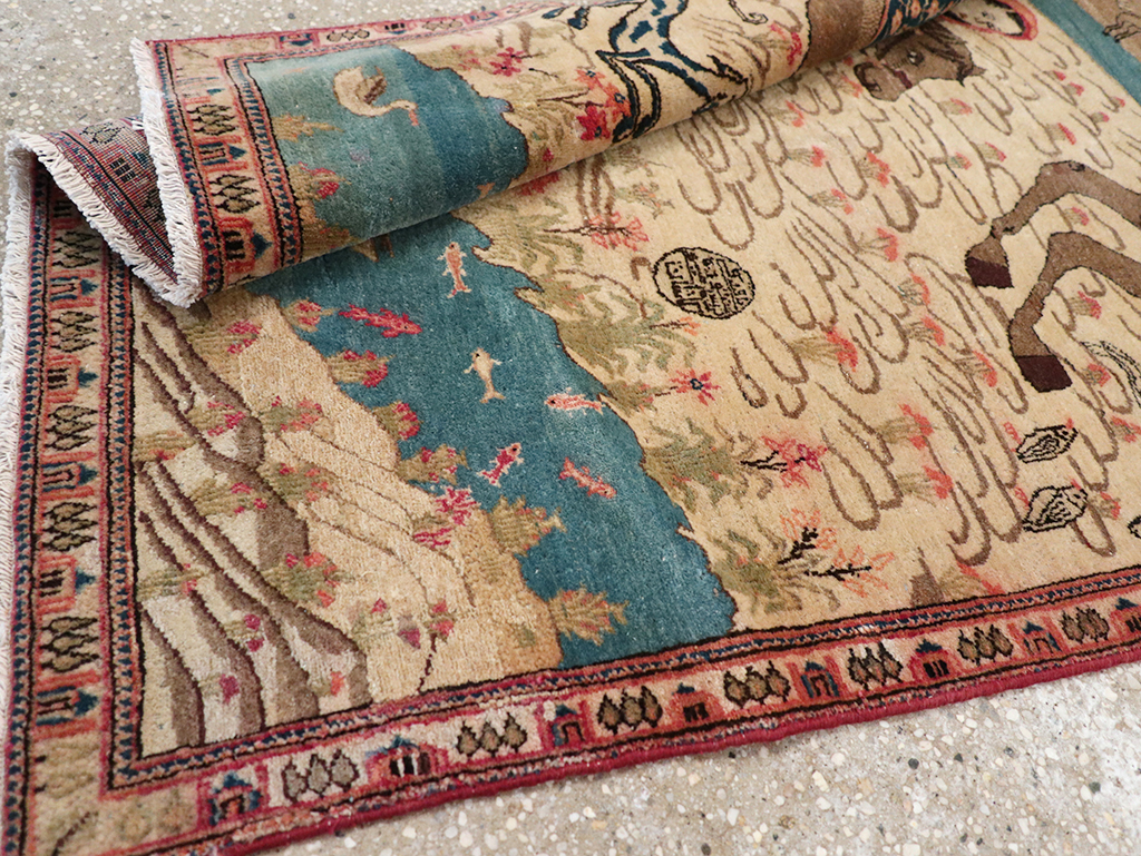 Vintage Persian Kashan Pictorial Throw Rug, No.9083 - Staging