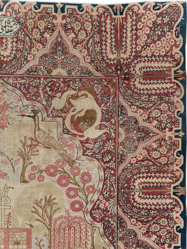 Antique Persian Lavar Kerman Pictorial Accent Carpet, No.9586 - Staging