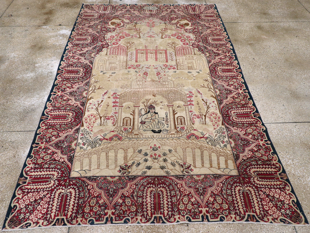 Antique Persian Lavar Kerman Pictorial Accent Carpet, No.9586 - Staging