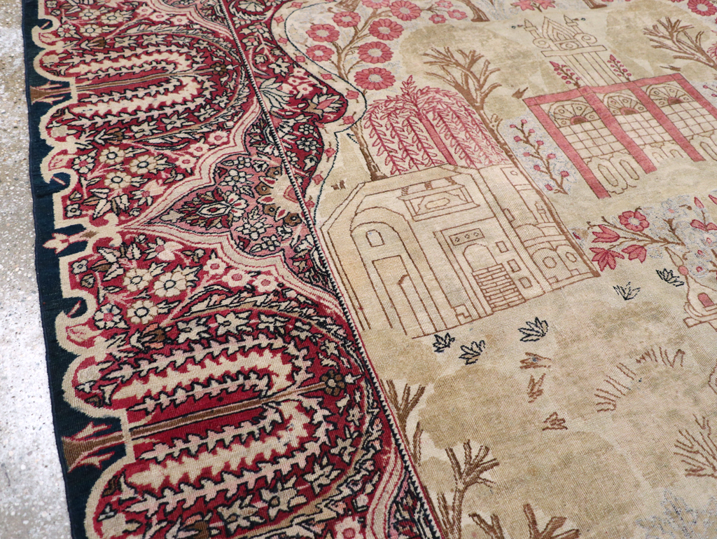 Antique Persian Lavar Kerman Pictorial Accent Carpet, No.9586 - Staging