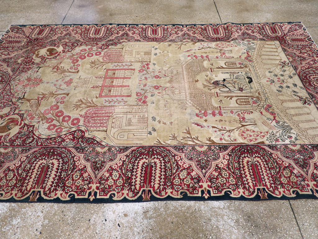 Antique Persian Lavar Kerman Pictorial Accent Carpet, No.9586 - Staging