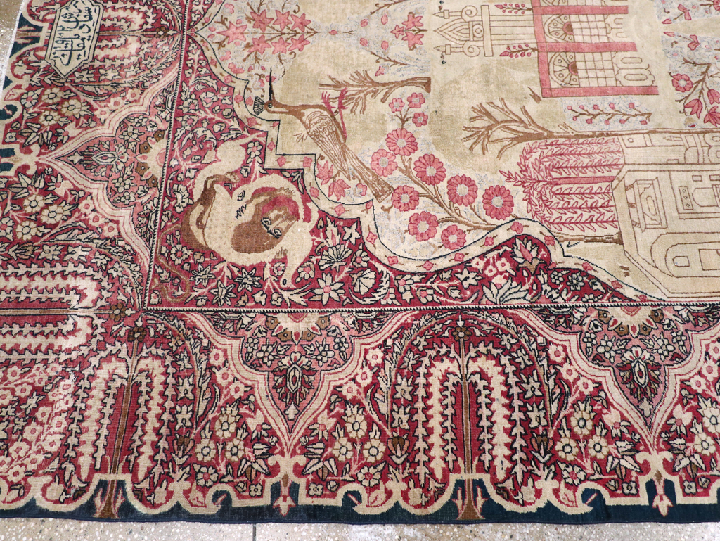 Antique Persian Lavar Kerman Pictorial Accent Carpet, No.9586 - Staging