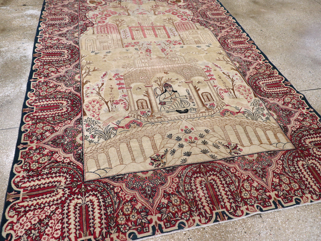 Antique Persian Lavar Kerman Pictorial Accent Carpet, No.9586 - Staging