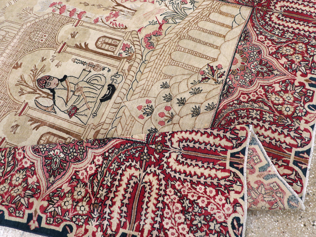 Antique Persian Lavar Kerman Pictorial Accent Carpet, No.9586 - Staging