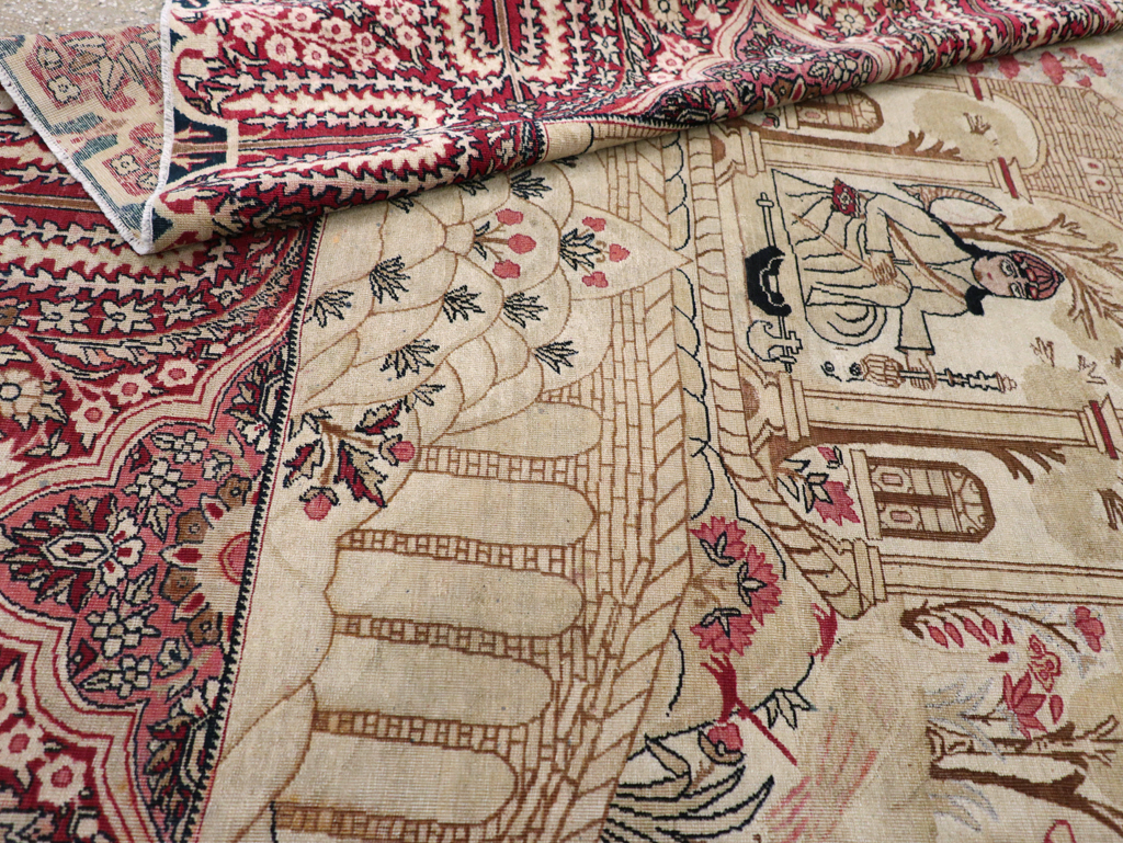 Antique Persian Lavar Kerman Pictorial Accent Carpet, No.9586 - Staging